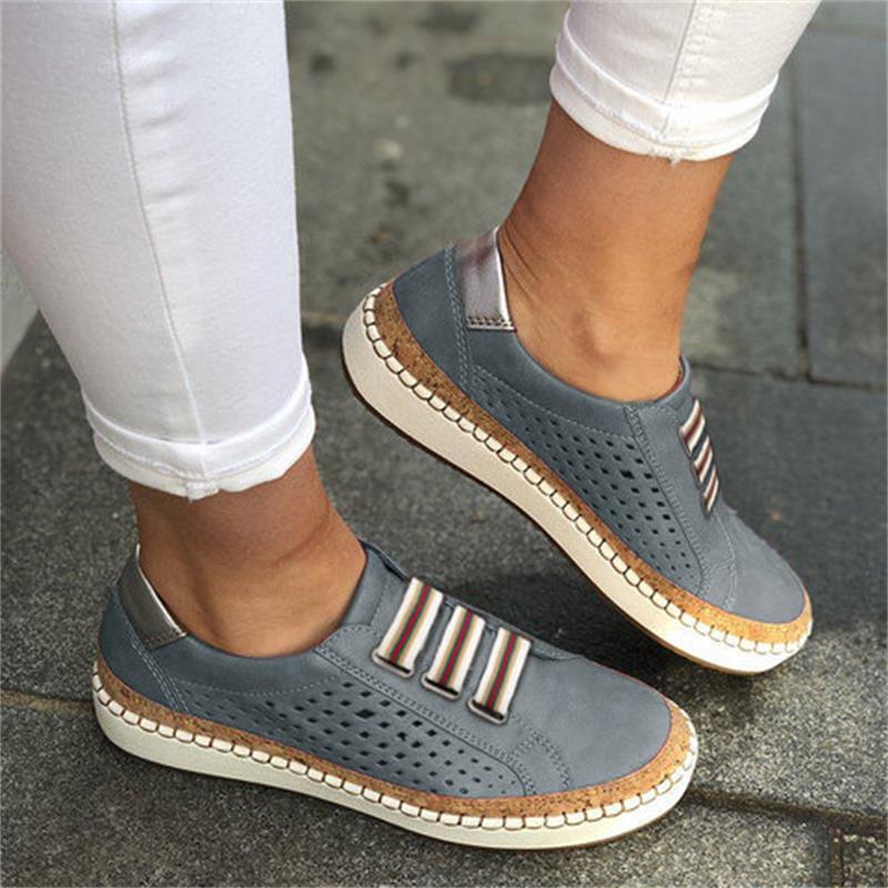 Hollow Out Women's Shoes Hand-stitched Striped Breathable Elastic Band Retro Casual Flat Suitable Wide Leg Women's Sneaker