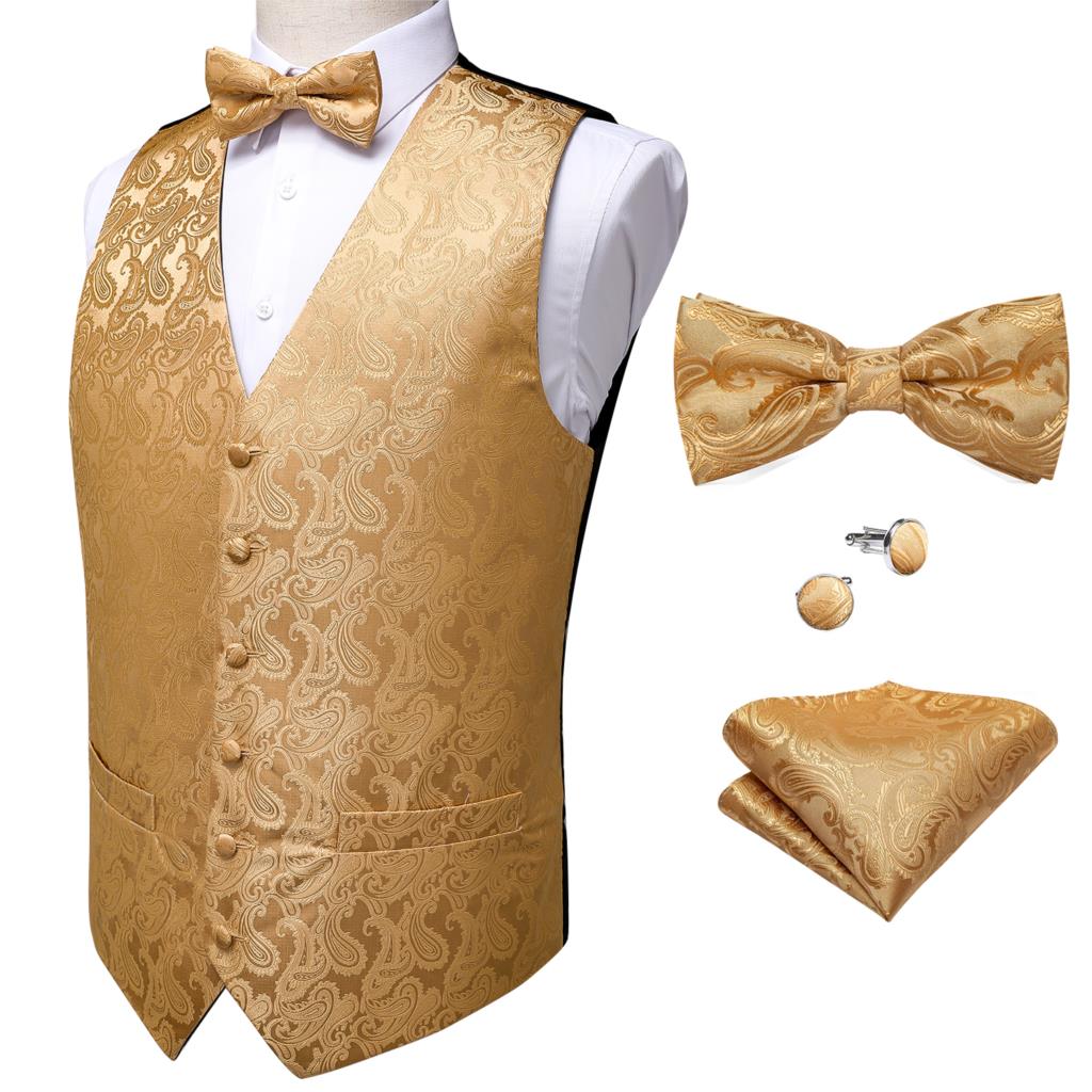 Formal Dress Gold Blue Black Paisley Wedding Suit Vest Formal Business Men Tuxedo Waistcoat Vest Suit Bow Tie Set DiBanGu
