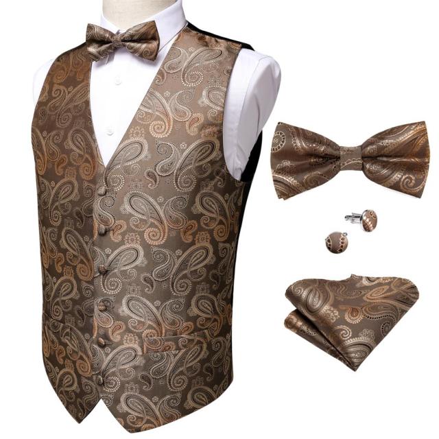 Formal Dress Gold Blue Black Paisley Wedding Suit Vest Formal Business Men Tuxedo Waistcoat Vest Suit Bow Tie Set DiBanGu