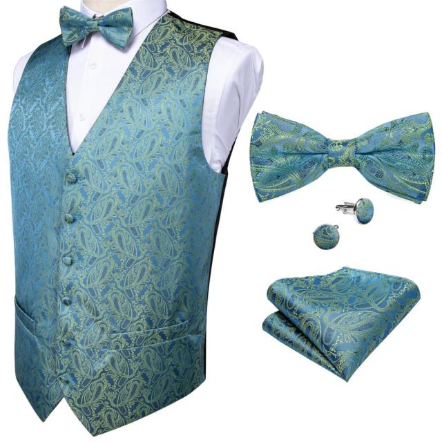 Formal Dress Gold Blue Black Paisley Wedding Suit Vest Formal Business Men Tuxedo Waistcoat Vest Suit Bow Tie Set DiBanGu