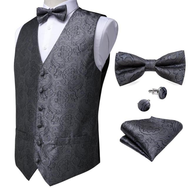 Formal Dress Gold Blue Black Paisley Wedding Suit Vest Formal Business Men Tuxedo Waistcoat Vest Suit Bow Tie Set DiBanGu