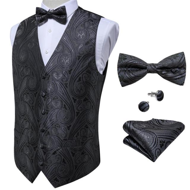 Formal Dress Gold Blue Black Paisley Wedding Suit Vest Formal Business Men Tuxedo Waistcoat Vest Suit Bow Tie Set DiBanGu