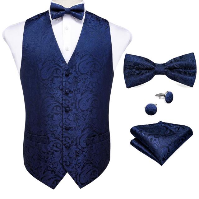 Formal Dress Gold Blue Black Paisley Wedding Suit Vest Formal Business Men Tuxedo Waistcoat Vest Suit Bow Tie Set DiBanGu