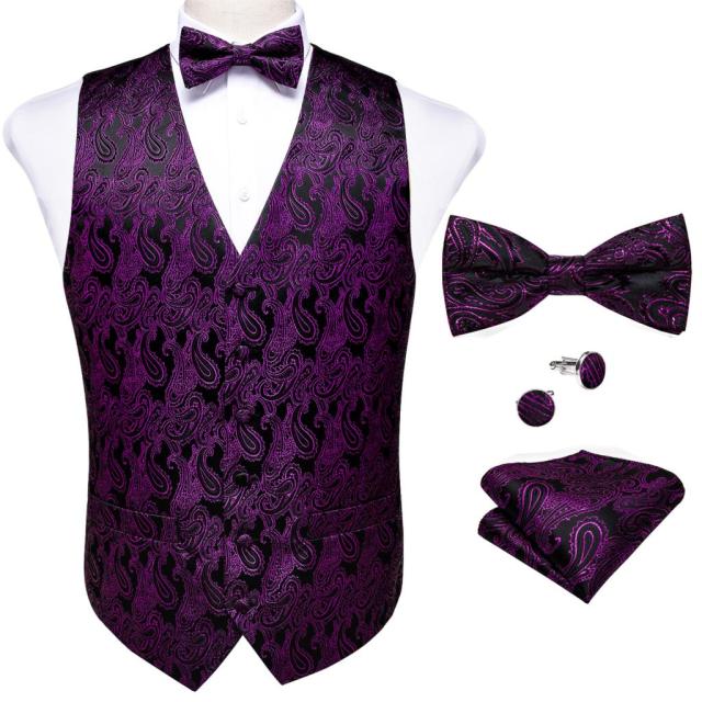 Formal Dress Gold Blue Black Paisley Wedding Suit Vest Formal Business Men Tuxedo Waistcoat Vest Suit Bow Tie Set DiBanGu