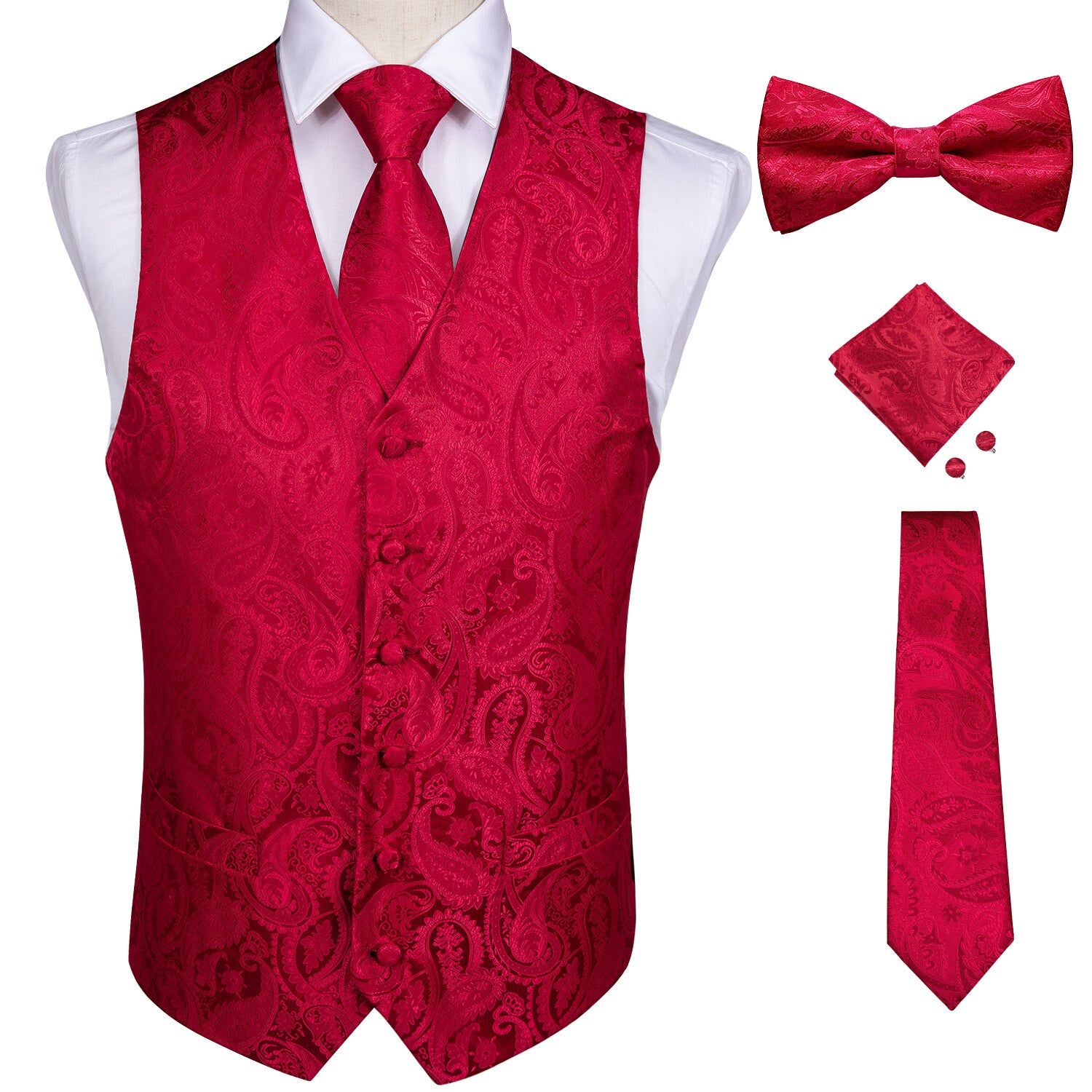 Fashion Silk Suit Vest Formal Dress Vest Fitness Sleeveless Jacket Wedding Waistcoat Bow Tie Necktie Pocket Square Set DiBanGu
