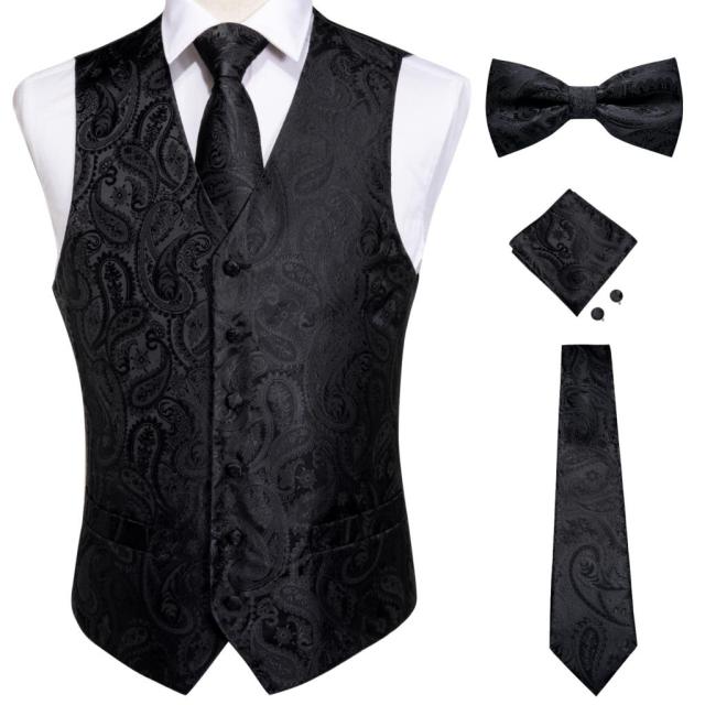 Fashion Silk Suit Vest Formal Dress Vest Fitness Sleeveless Jacket Wedding Waistcoat Bow Tie Necktie Pocket Square Set DiBanGu