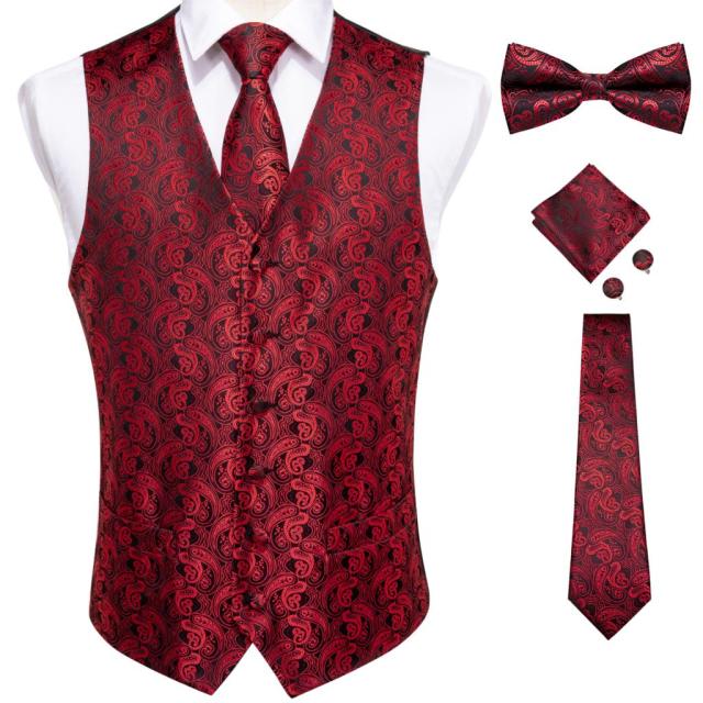 Fashion Silk Suit Vest Formal Dress Vest Fitness Sleeveless Jacket Wedding Waistcoat Bow Tie Necktie Pocket Square Set DiBanGu