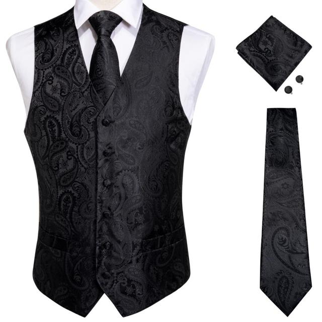 Fashion Silk Suit Vest Formal Dress Vest Fitness Sleeveless Jacket Wedding Waistcoat Bow Tie Necktie Pocket Square Set DiBanGu