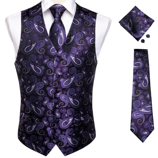 Fashion Silk Suit Vest Formal Dress Vest Fitness Sleeveless Jacket Wedding Waistcoat Bow Tie Necktie Pocket Square Set DiBanGu