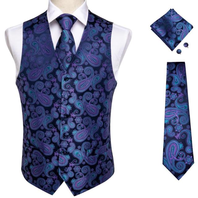 Fashion Silk Suit Vest Formal Dress Vest Fitness Sleeveless Jacket Wedding Waistcoat Bow Tie Necktie Pocket Square Set DiBanGu