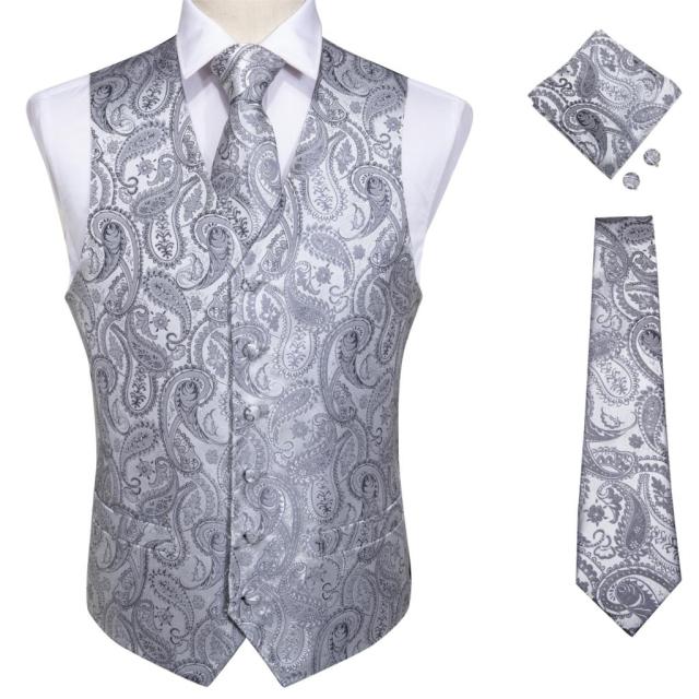 Fashion Silk Suit Vest Formal Dress Vest Fitness Sleeveless Jacket Wedding Waistcoat Bow Tie Necktie Pocket Square Set DiBanGu