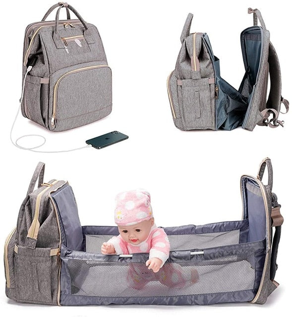 3 In 1 Diaper Bag Backpack Foldable Baby Bed Waterproof Travel Bag with USB Charge Diaper Bag Backpack with Changing Bed