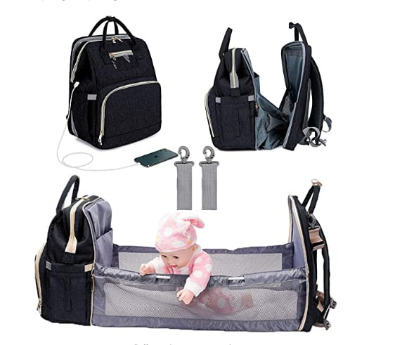 3 In 1 Diaper Bag Backpack Foldable Baby Bed Waterproof Travel Bag with USB Charge Diaper Bag Backpack with Changing Bed