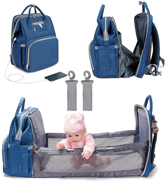3 In 1 Diaper Bag Backpack Foldable Baby Bed Waterproof Travel Bag with USB Charge Diaper Bag Backpack with Changing Bed