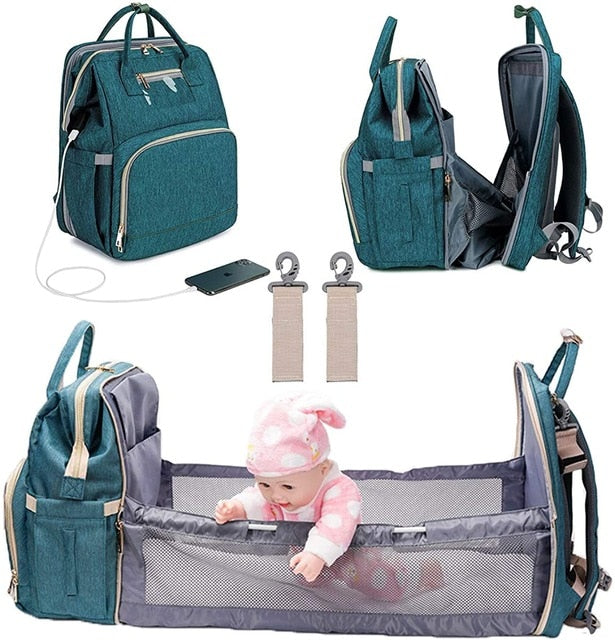 3 In 1 Diaper Bag Backpack Foldable Baby Bed Waterproof Travel Bag with USB Charge Diaper Bag Backpack with Changing Bed