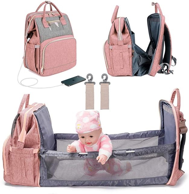 3 In 1 Diaper Bag Backpack Foldable Baby Bed Waterproof Travel Bag with USB Charge Diaper Bag Backpack with Changing Bed
