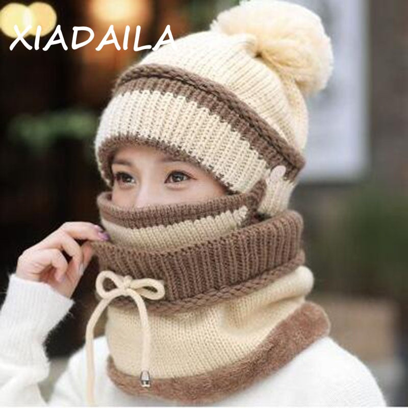 2020 Hat winter women's Mask Hat for girls Scarf Thick Warm Fleece Inside Knitted Hat Scarf Set 3pcs Winter Riding fashion cap