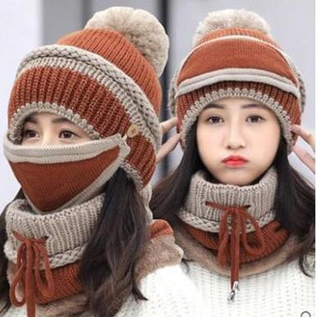 2020 Hat winter women's Mask Hat for girls Scarf Thick Warm Fleece Inside Knitted Hat Scarf Set 3pcs Winter Riding fashion cap