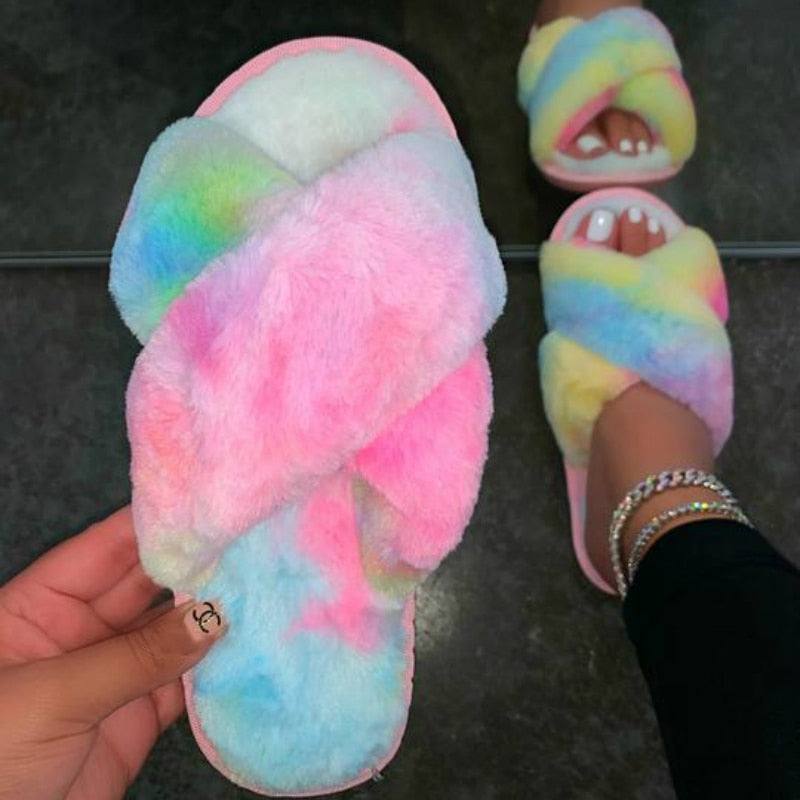 Ins Trend Design Multi Furry Women Slippers Indoor Fluffy Soft House Fur Slides Flats Non Slip Room Shoes Ladies Celebrities