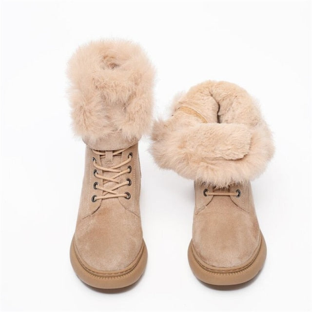 JIANBUDAN Women Boots Suede Leather Women Flat platform Mid-Calf Boots Ladies Shoes Fashion Winter Plush Fur warm Boots 34-43
