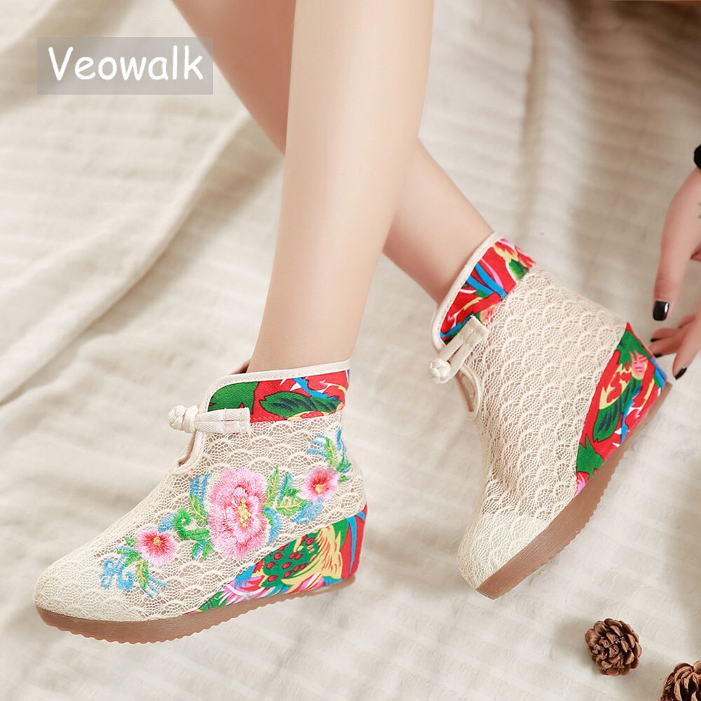 Veowalk Summer Cotton Flower Embroidered Women Short Ankle Lace Boots Brathable Ladies Hidden Wedges Platform Shoes Zapato Mujer