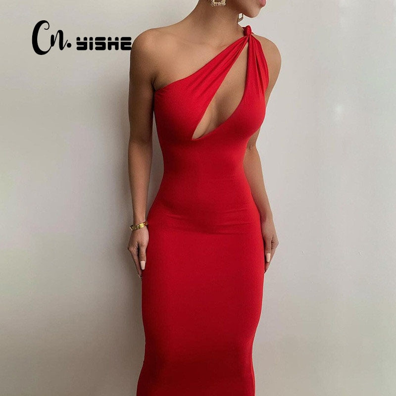 CNYISHE One Shoulder Bodycon Sheath Midi Party Dresses for Women Summer Sleeveless Outfits Sexy Hollow Out Dress Female Vestidos