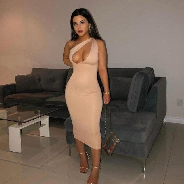 CNYISHE One Shoulder Bodycon Sheath Midi Party Dresses for Women Summer Sleeveless Outfits Sexy Hollow Out Dress Female Vestidos