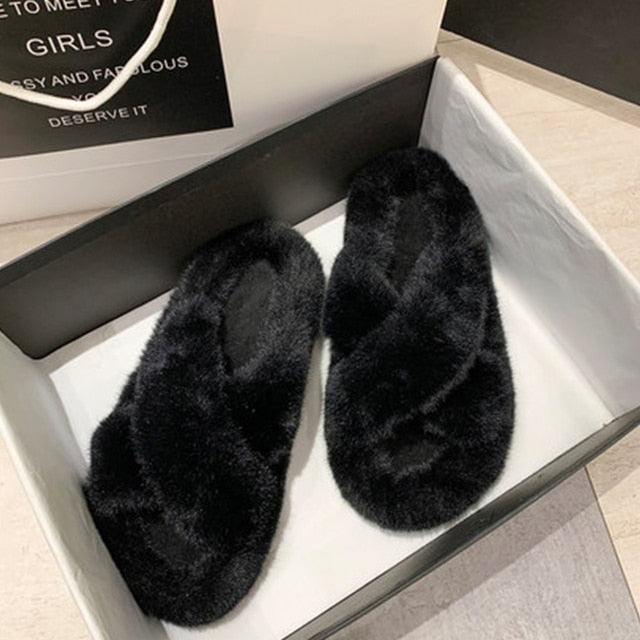 Women Furry Fur Slippers Soft Faux Fur Slides Ladies Plush House Slippers Cross Band Open Toe Flat Sandals Fluffy Warm Shoes