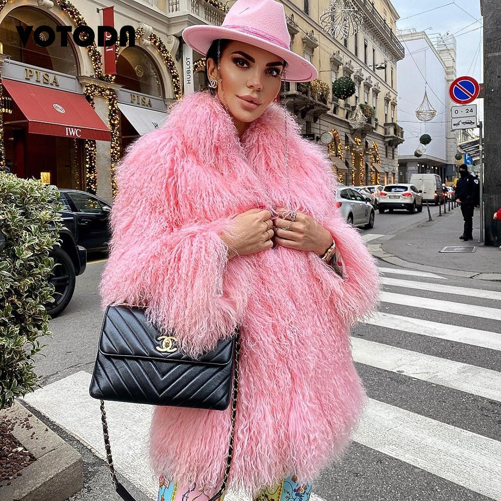 Winter Mongolia Sheep Fur Coat Women Warm Faux Fur Coats Fluffy Furry Wool Jacket Sexy Outerwear Ladies Fur Overcoat Outerwear
