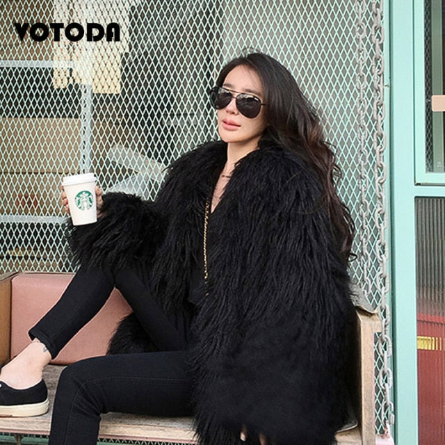 Winter Mongolia Sheep Fur Coat Women Warm Faux Fur Coats Fluffy Furry Wool Jacket Sexy Outerwear Ladies Fur Overcoat Outerwear