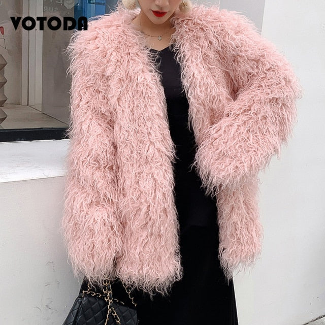 Winter Mongolia Sheep Fur Coat Women Warm Faux Fur Coats Fluffy Furry Wool Jacket Sexy Outerwear Ladies Fur Overcoat Outerwear
