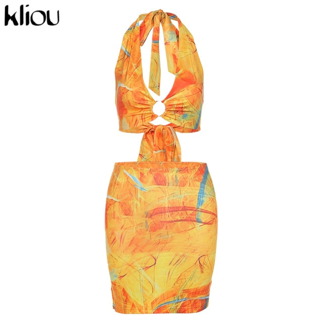 Kliou Tie Dry Two Piece Set Women 2021 Sexy Halter Sequined Beachwear Cleavage Crop Top+Mini Skirt Suit Female платье Outfits