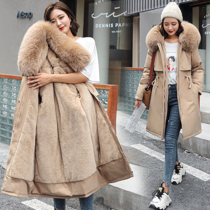 2021 New Cotton Liner Parker Parka Fashion Adjustable Waist Fur Collar Winter Jacket Women Medium Long Hooded Parka Coat