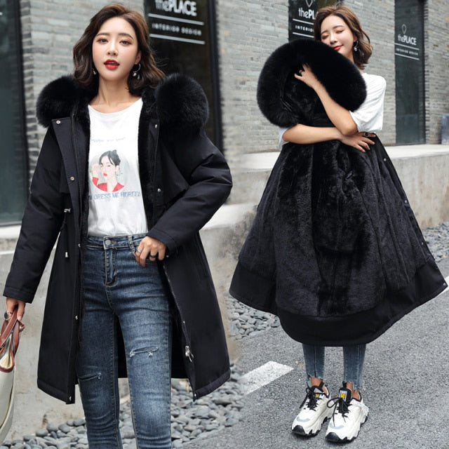 2021 New Cotton Liner Parker Parka Fashion Adjustable Waist Fur Collar Winter Jacket Women Medium Long Hooded Parka Coat