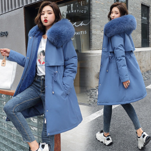 2021 New Cotton Liner Parker Parka Fashion Adjustable Waist Fur Collar Winter Jacket Women Medium Long Hooded Parka Coat