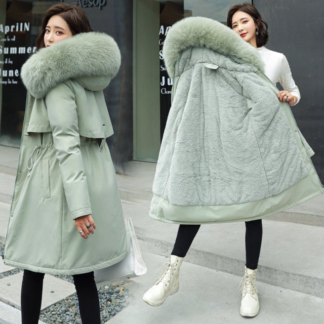 2021 New Cotton Liner Parker Parka Fashion Adjustable Waist Fur Collar Winter Jacket Women Medium Long Hooded Parka Coat