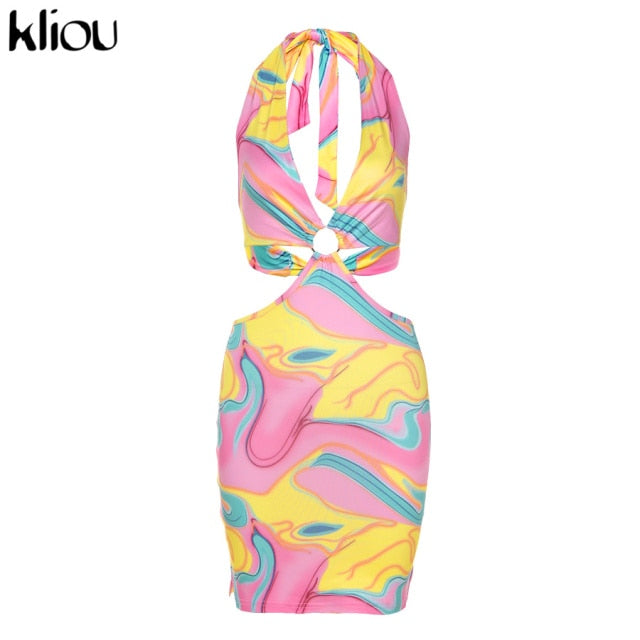 Kliou Tie Dry Two Piece Set Women 2021 Sexy Halter Sequined Beachwear Cleavage Crop Top+Mini Skirt Suit Female платье Outfits