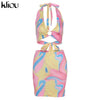Kliou Tie Dry Two Piece Set Women 2021 Sexy Halter Sequined Beachwear Cleavage Crop Top+Mini Skirt Suit Female платье Outfits