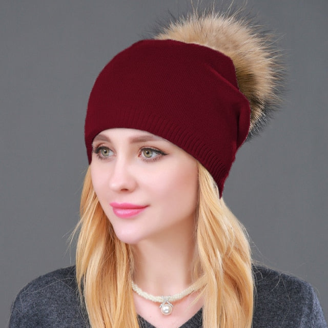 Autumn Winter Knitted Wool Hats For Women Fashion Pompon Beanies Fur Hat Female Warm Caps With Natural Genuine Raccoon Fur Cap