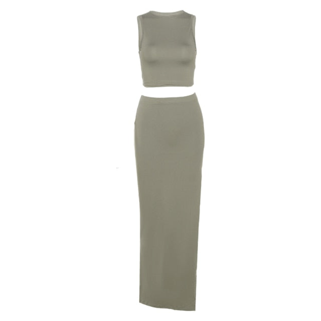 Macheda Summer Solid Slim Two Pieces Set Women Casual Knitting Sleeveless O Neck Tank Top And High Waist Split Long Skirt Sets