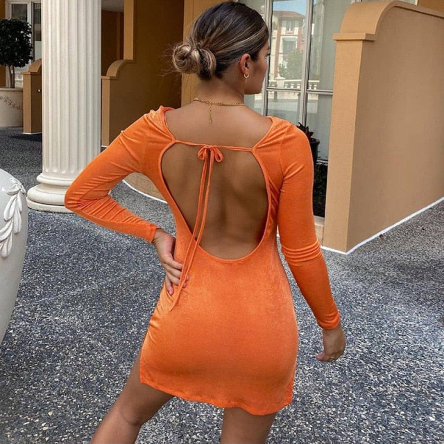 Cryptographic Fashion Long Sleeve Autumn Split Dress for Women Club Party Elegant Tie Up Sexy Backless Mini Dresses Birthday