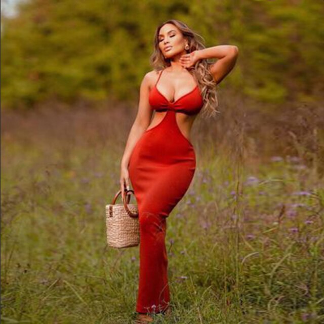Women Summer Elegant Sexy Camisole Party Cut Out Backless Dress irregular long halter strapless prom bandage Knitted Maxi Dress