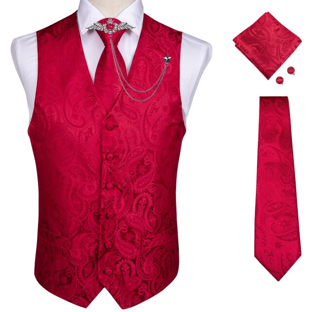 Fashion Silk Suit Vest Formal Dress Vest Fitness Sleeveless Jacket Wedding Waistcoat Bow Tie Necktie Pocket Square Set DiBanGu