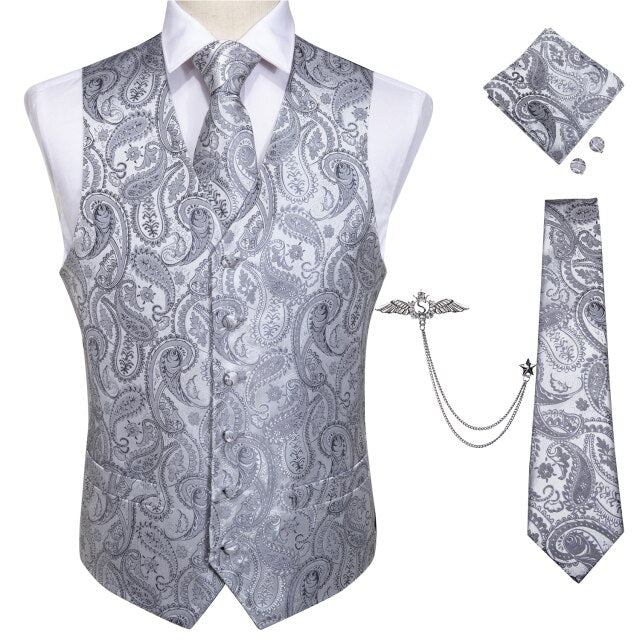 Fashion Silk Suit Vest Formal Dress Vest Fitness Sleeveless Jacket Wedding Waistcoat Bow Tie Necktie Pocket Square Set DiBanGu