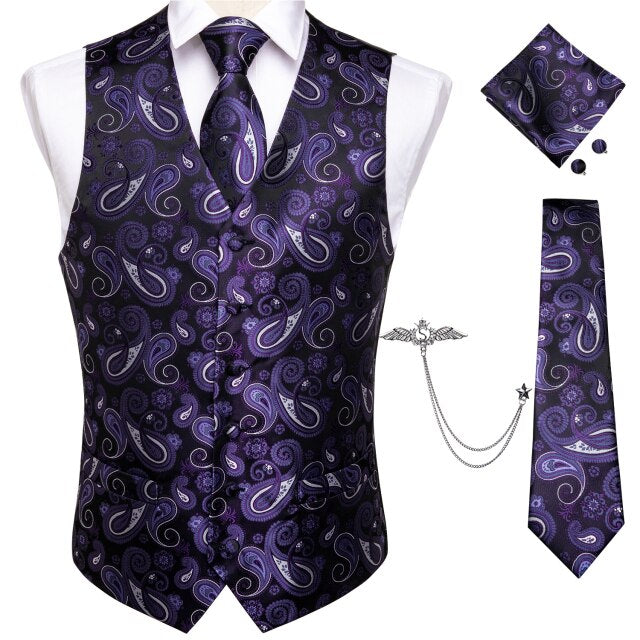Fashion Silk Suit Vest Formal Dress Vest Fitness Sleeveless Jacket Wedding Waistcoat Bow Tie Necktie Pocket Square Set DiBanGu