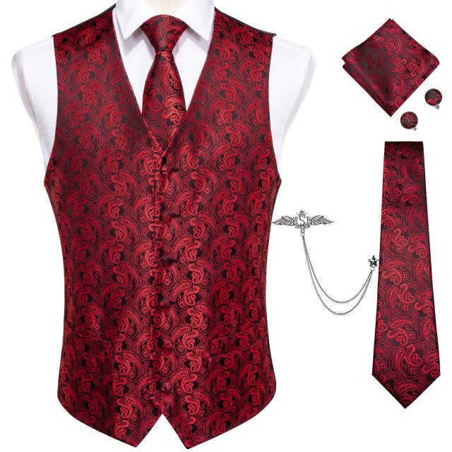 Fashion Silk Suit Vest Formal Dress Vest Fitness Sleeveless Jacket Wedding Waistcoat Bow Tie Necktie Pocket Square Set DiBanGu
