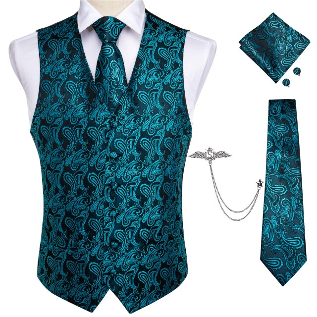 Fashion Silk Suit Vest Formal Dress Vest Fitness Sleeveless Jacket Wedding Waistcoat Bow Tie Necktie Pocket Square Set DiBanGu