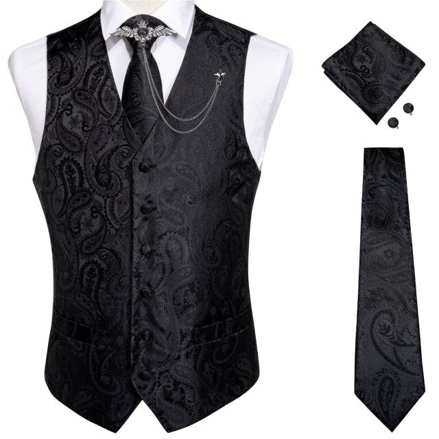 Fashion Silk Suit Vest Formal Dress Vest Fitness Sleeveless Jacket Wedding Waistcoat Bow Tie Necktie Pocket Square Set DiBanGu