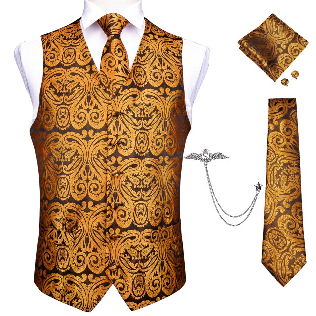Fashion Silk Suit Vest Formal Dress Vest Fitness Sleeveless Jacket Wedding Waistcoat Bow Tie Necktie Pocket Square Set DiBanGu