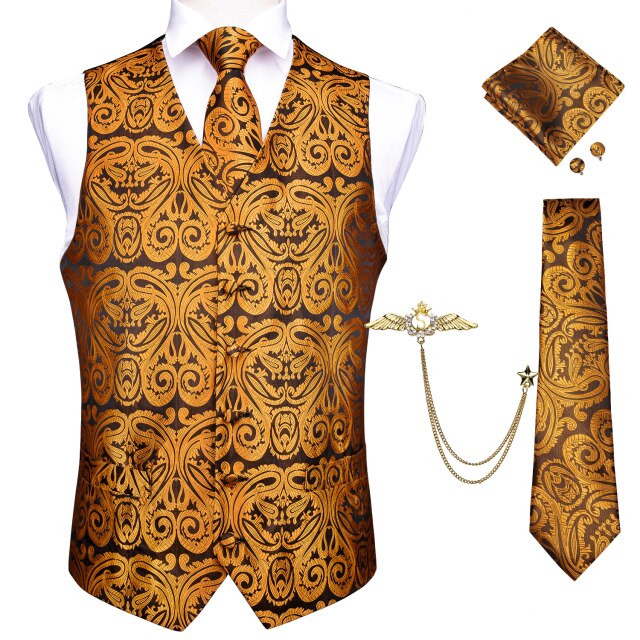 Fashion Silk Suit Vest Formal Dress Vest Fitness Sleeveless Jacket Wedding Waistcoat Bow Tie Necktie Pocket Square Set DiBanGu